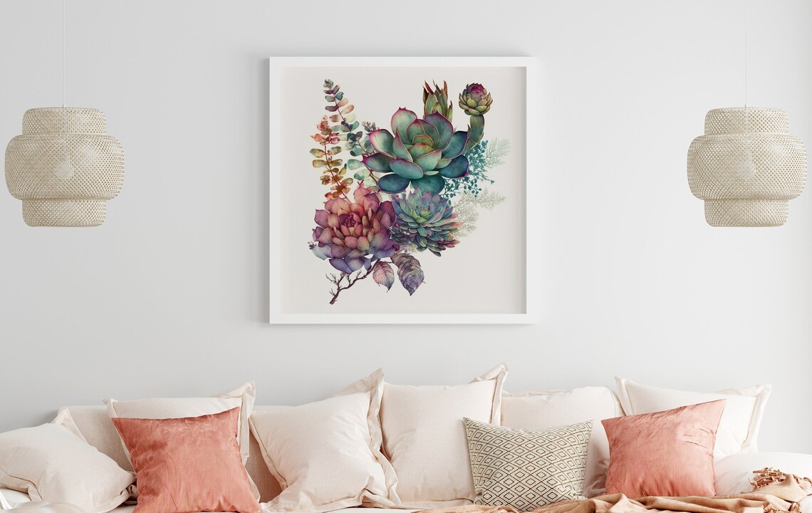 Purple Teal Watercolor Succulents Botanical Arrangement Art Poster - Image 5