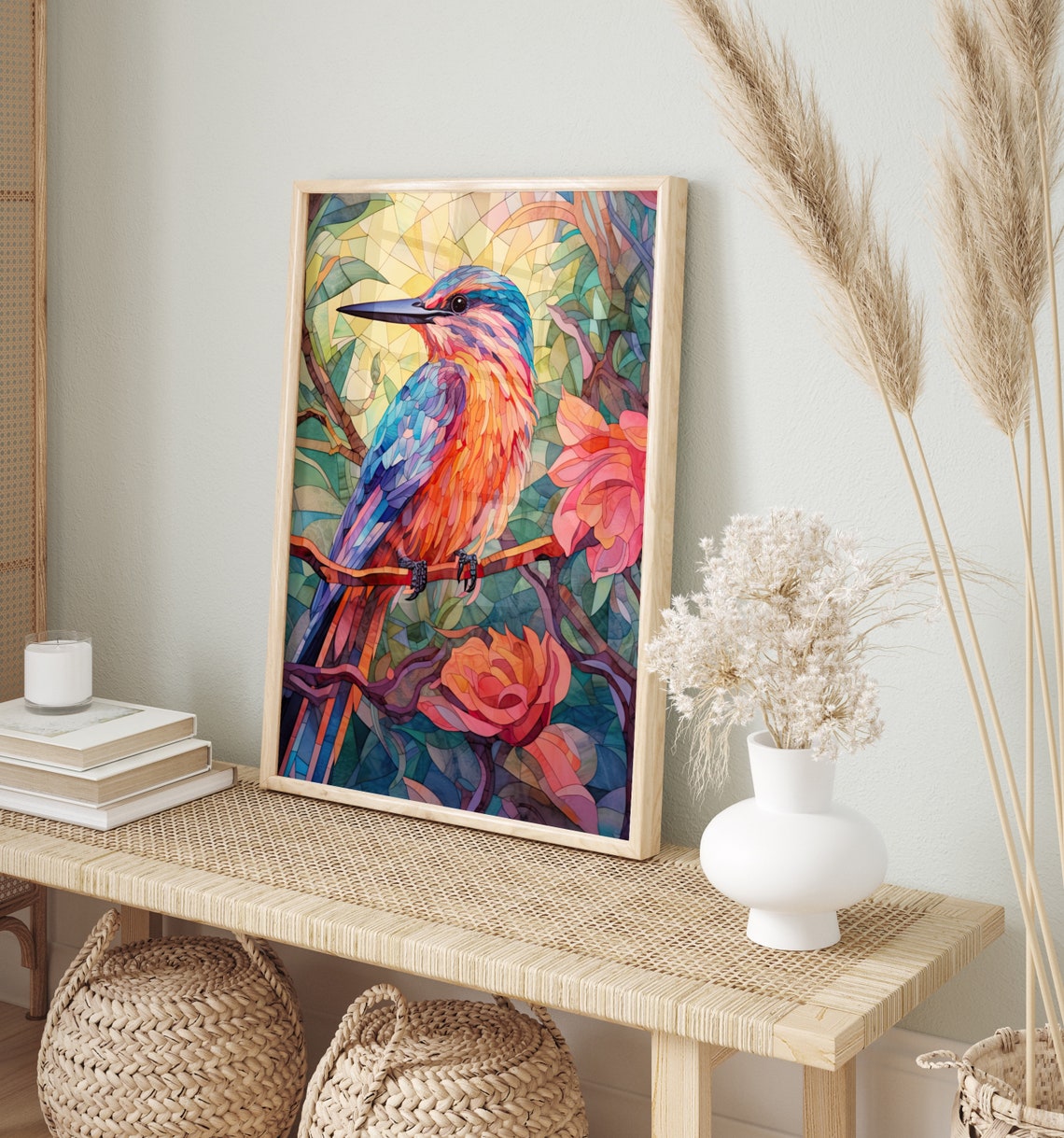 Stained Glass Kingfisher Colourful Bird Pink Flowers Art Poster - Image 2