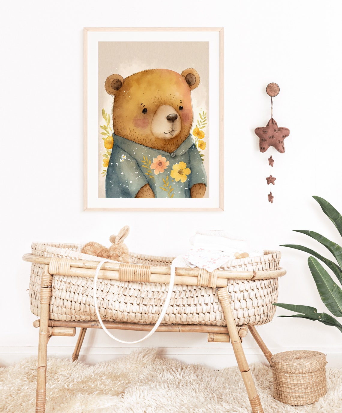 Cute Teddy Bear in Blue Floral Shirt Watercolor Nursery Art Print - Image 3