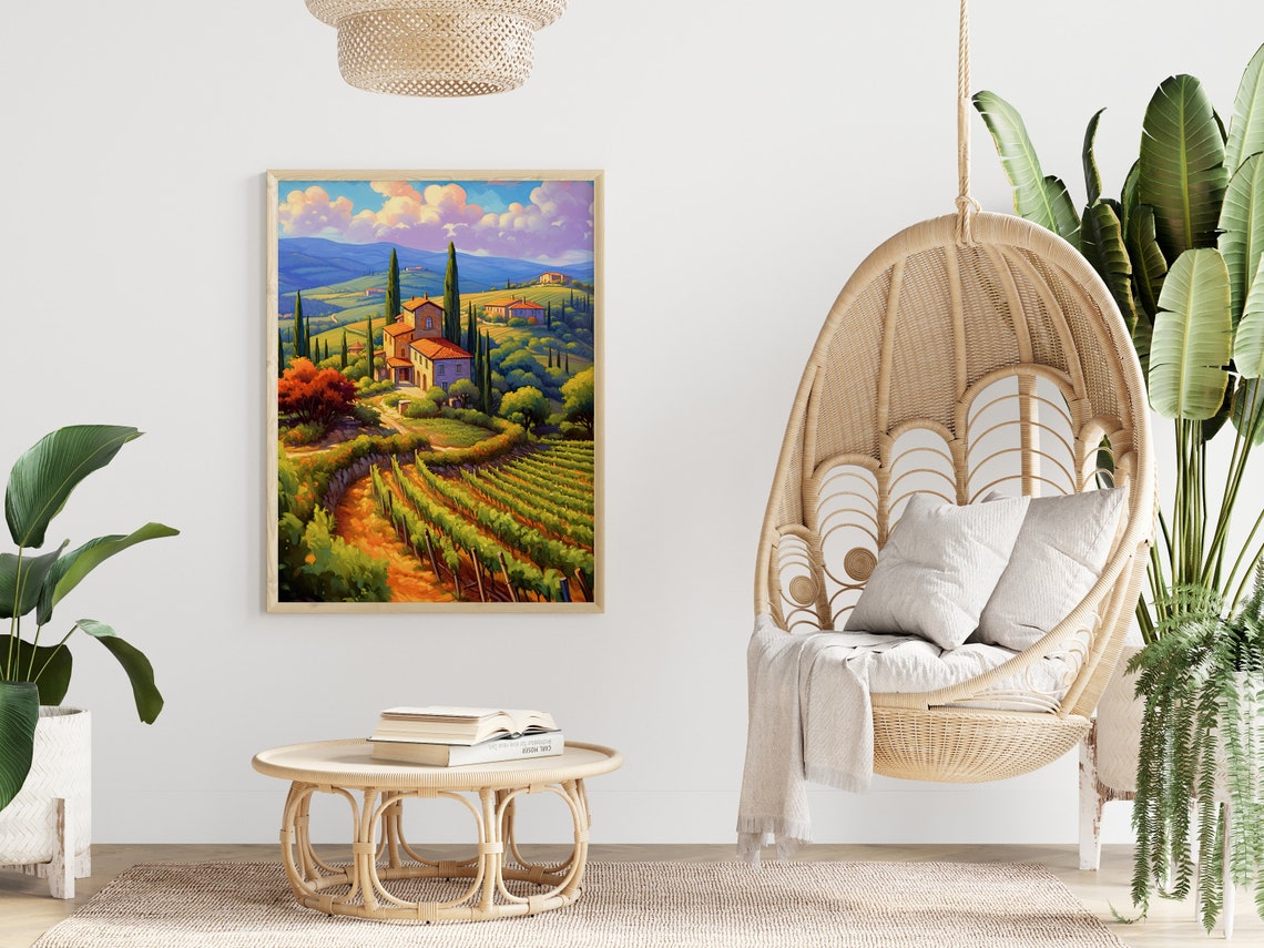 Tuscan Rolling Hills Vineyards Village Sunset Landscape Art Print - Image 4
