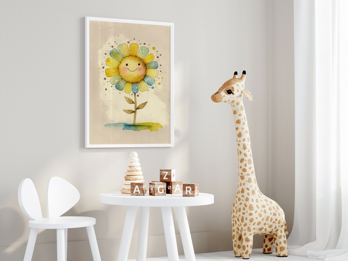 Happy Smiling Flower Face Nursery Watercolor Art Style Poster - Image 4