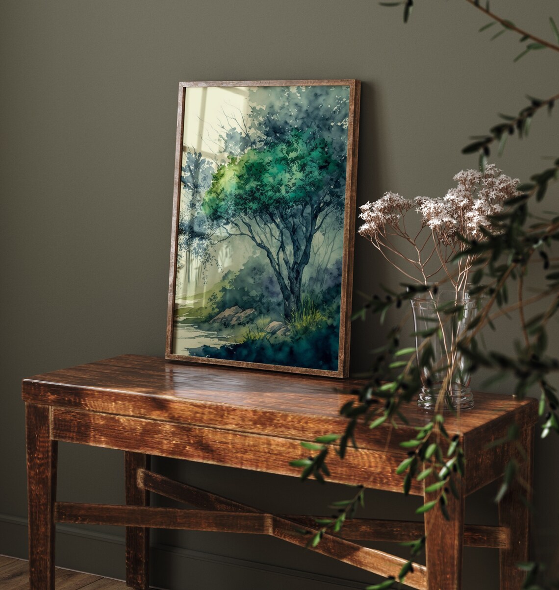 Misty Green Tree Forest Watercolor Serene Woodland Painting Poster - Image 5