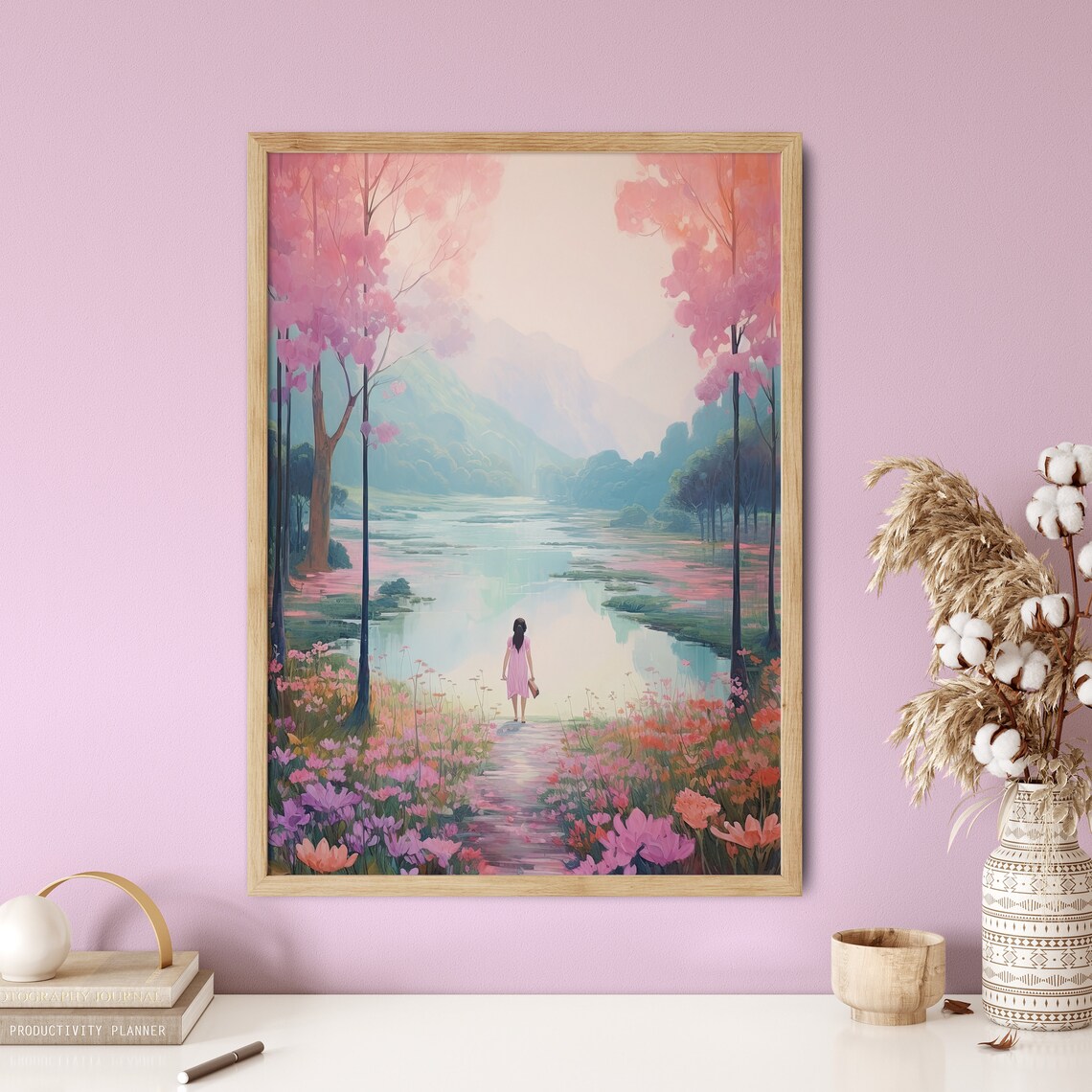 Dreamy Pastel Girl In Pink Dress By Flower Lake Summer Poster - Image 5