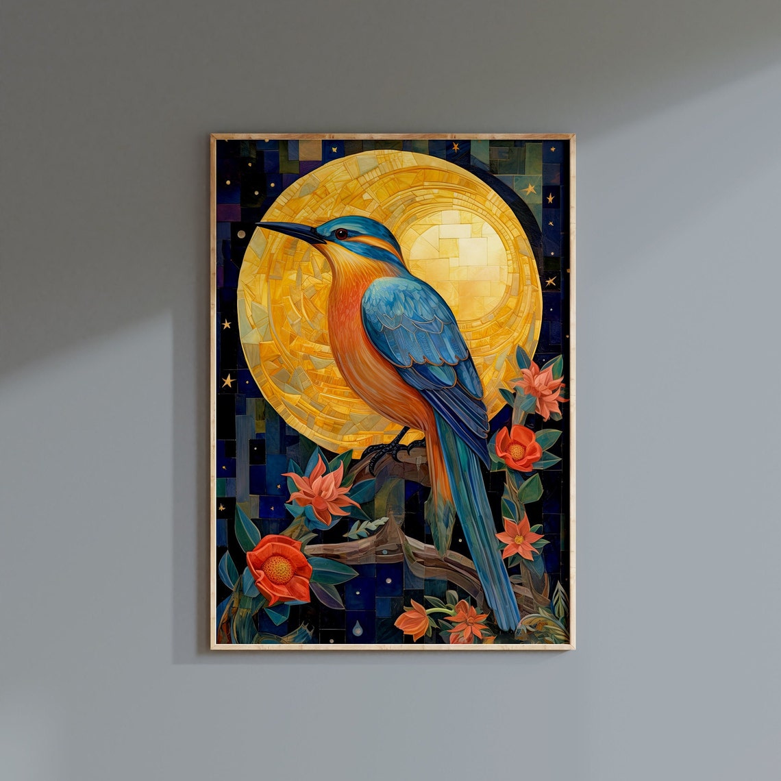 Kingfisher Bird Mosaic Golden Sun Night Sky Flowers Art Poster - Image 2