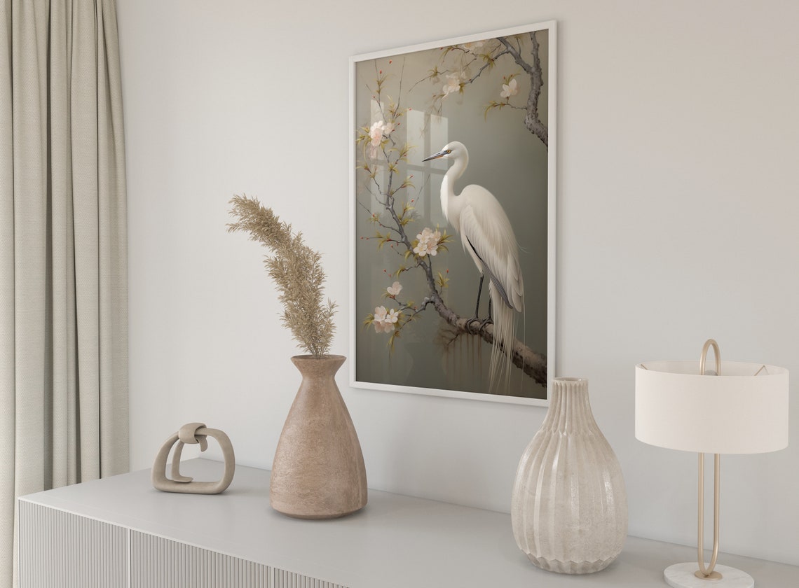 White Egret Blossom Branch Japanese Style Elegant Bird Art Poster - Image 4