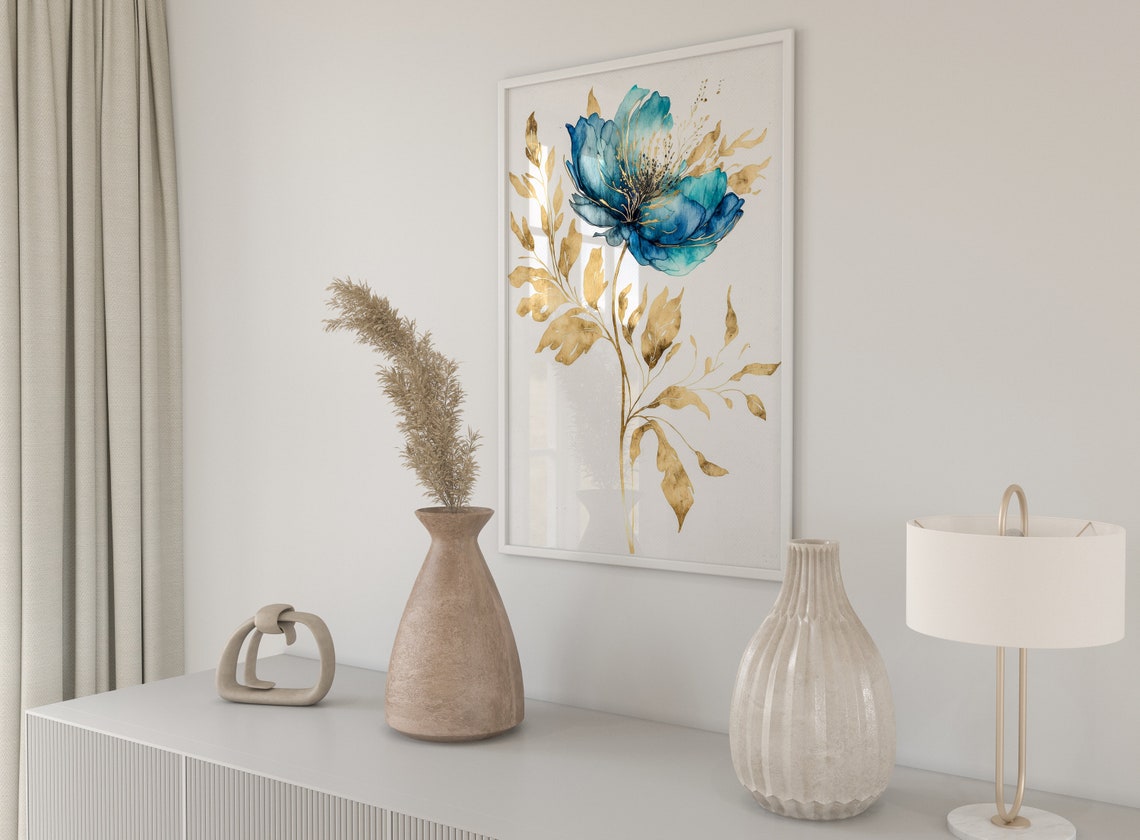 Teal Blue Flower Gold Leaves Elegant Watercolour Botanical Poster - Image 5