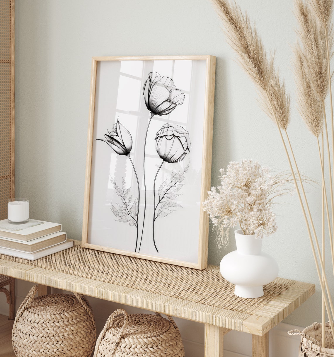 Black And White Poppy Flowers Minimalist Line Drawing Art Poster - Image 2