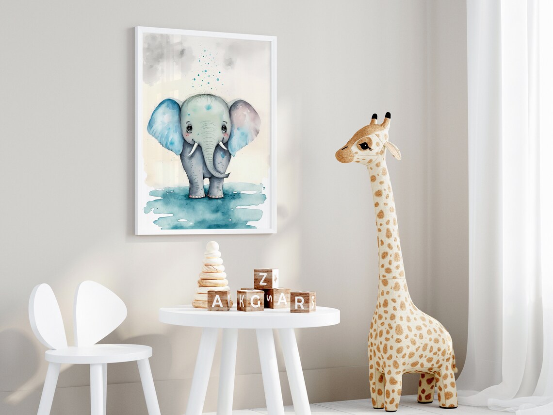 Cute Baby Elephant Blue Ears Watercolour Nursery Kids Room Poster - Image 3
