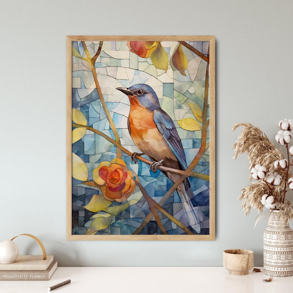 Bluebird Branch Stained Glass Mosaic Autumn Leaves Art Poster - Image 5