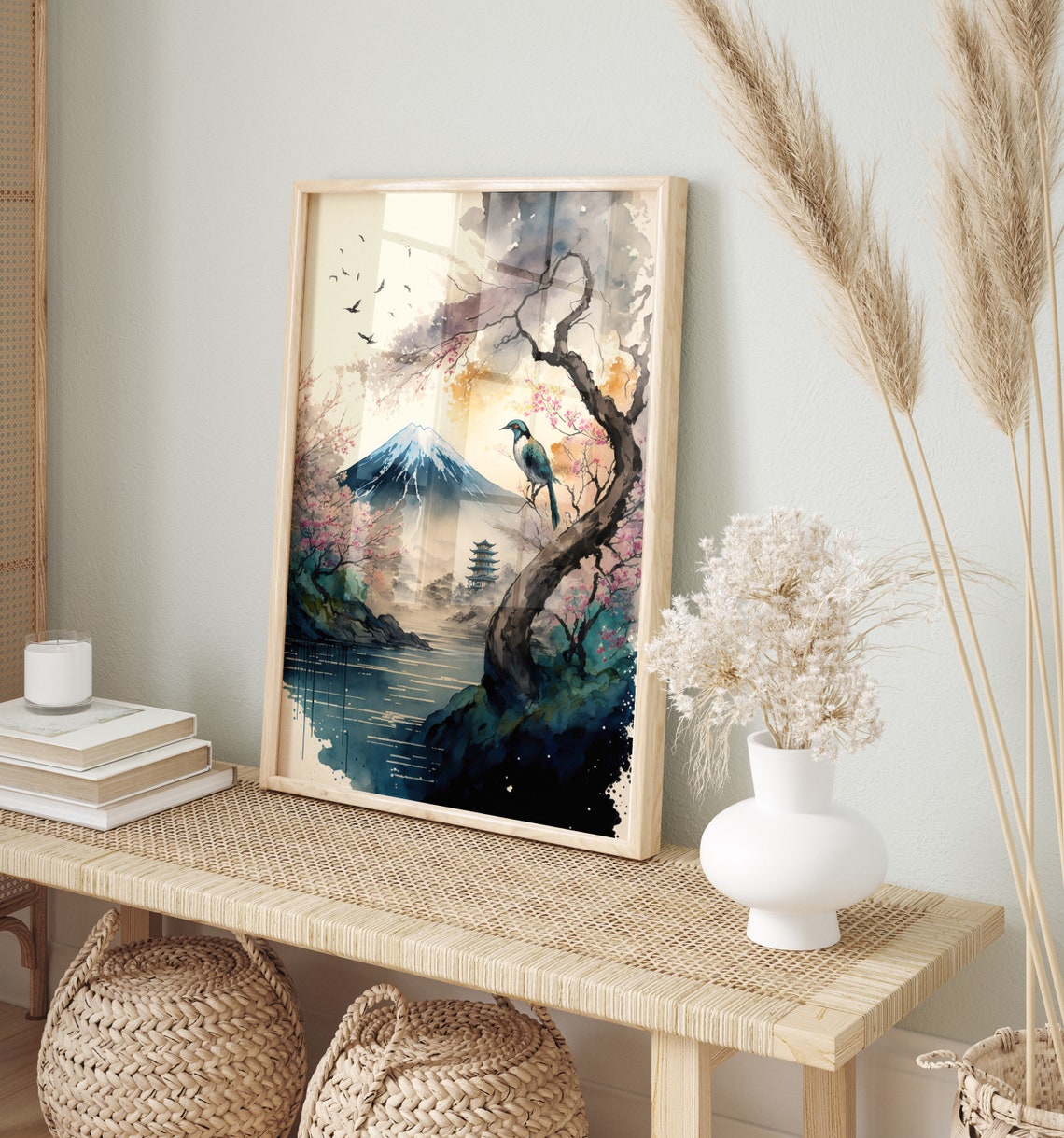 Mount Fuji Kingfisher Cherry Blossom Branch Pagoda Lake Poster - Image 5