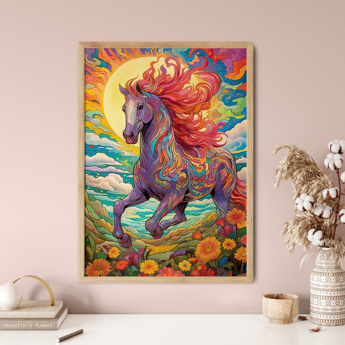 Psychedelic Rainbow Mane Horse Galloping Sun Colorful Art Poster - Image 5