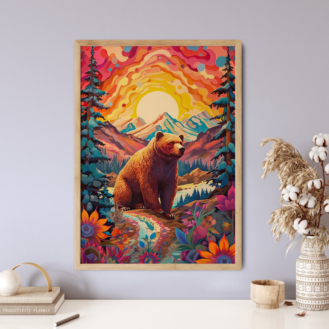 Bear Mountain Sunset Psychedelic Sky Wildflowers Wildlife Poster - Image 5