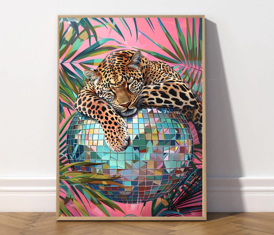 Leopard On The Disco Ball Dopamine Decor Pink Print Colorful Wall Art Trendy Printmaximalist