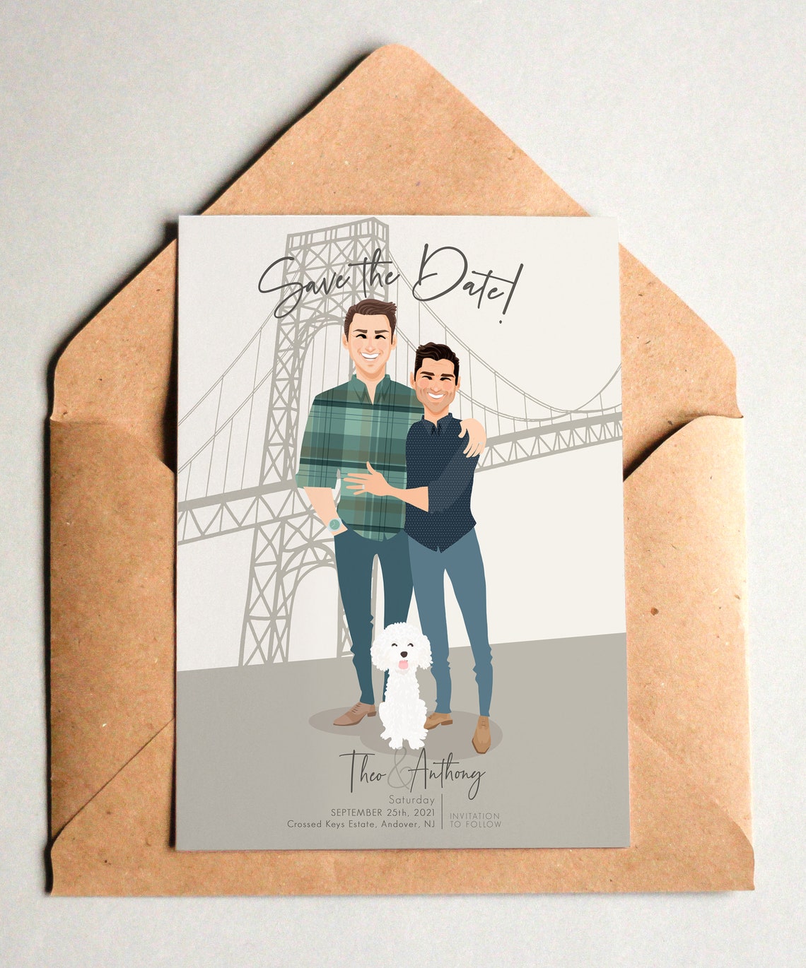 Custom Illustrated Save the Date Card Couple Bridge Scene Poster