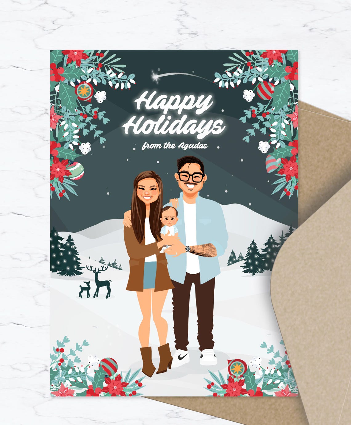 Custom Illustrated Christmas Card With Family Portrait Poster