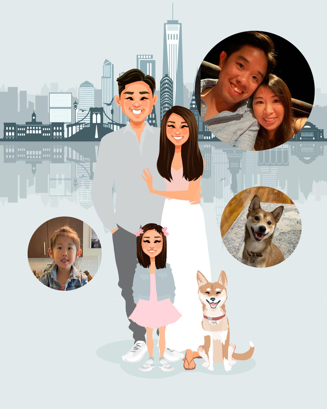 Custom Illustrated Family Portrait With Five Pets and Sunset View Poster - Image 2