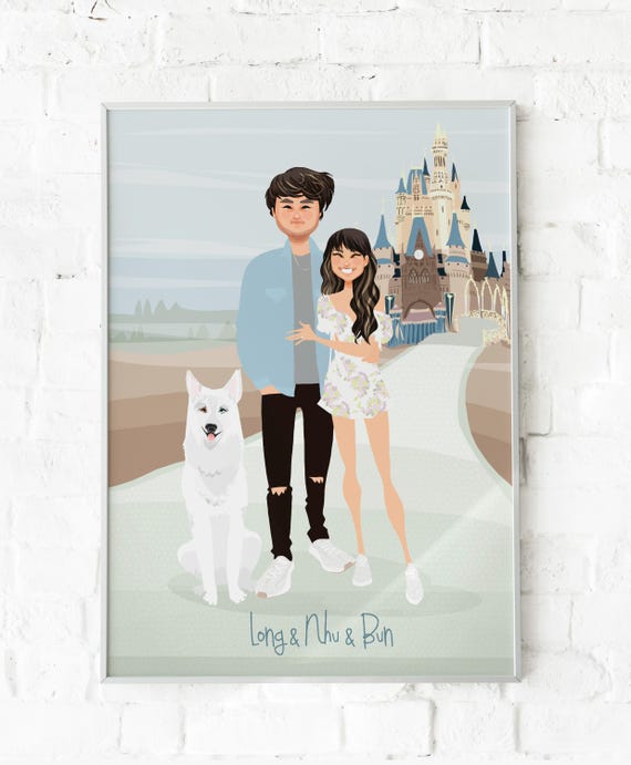 Custom Romantic Couple Portrait With Dog at Fairy Tale Castle Poster