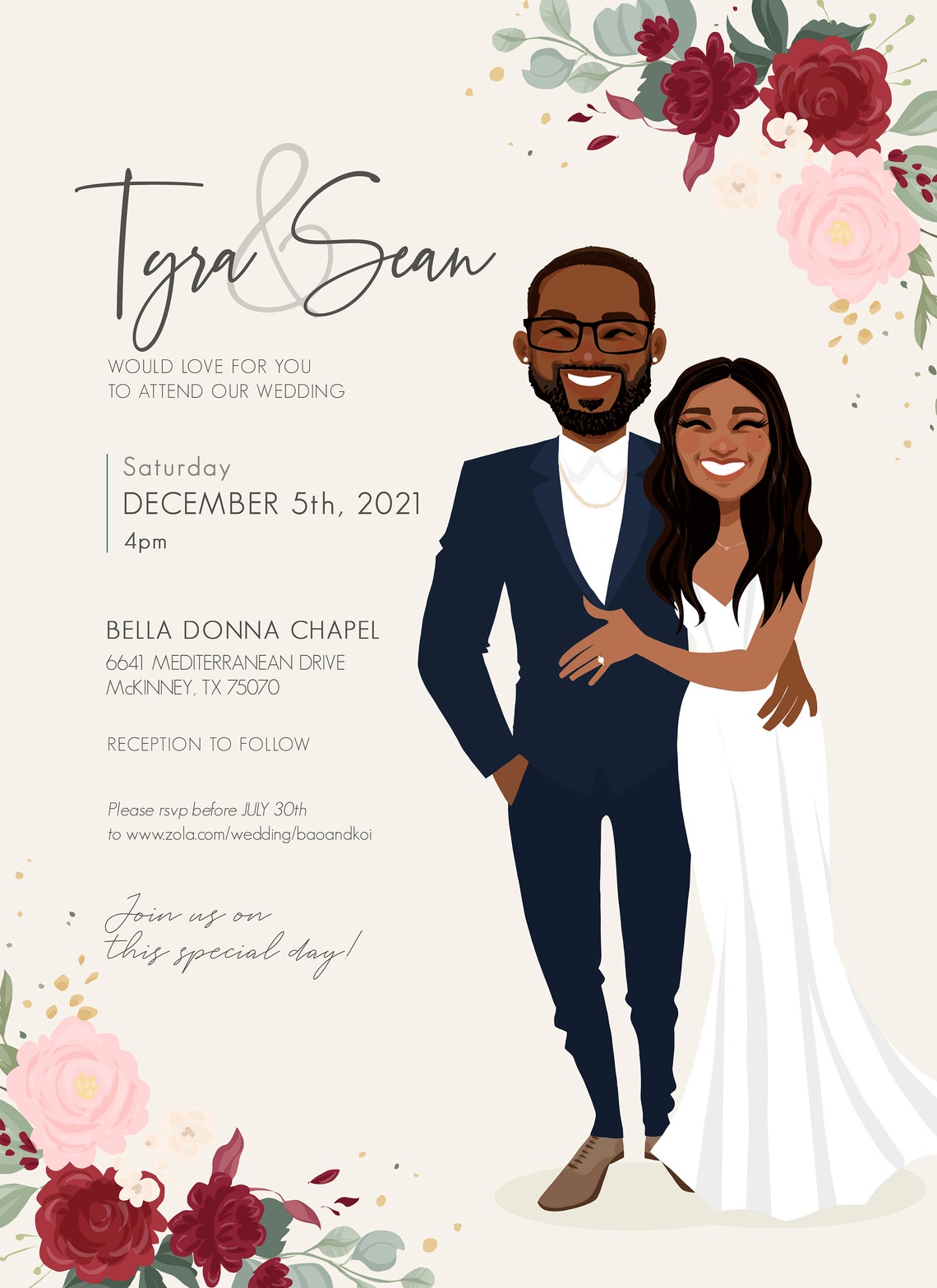 Custom Illustrated Wedding Invitation Couple Portrait Card Poster - Image 2