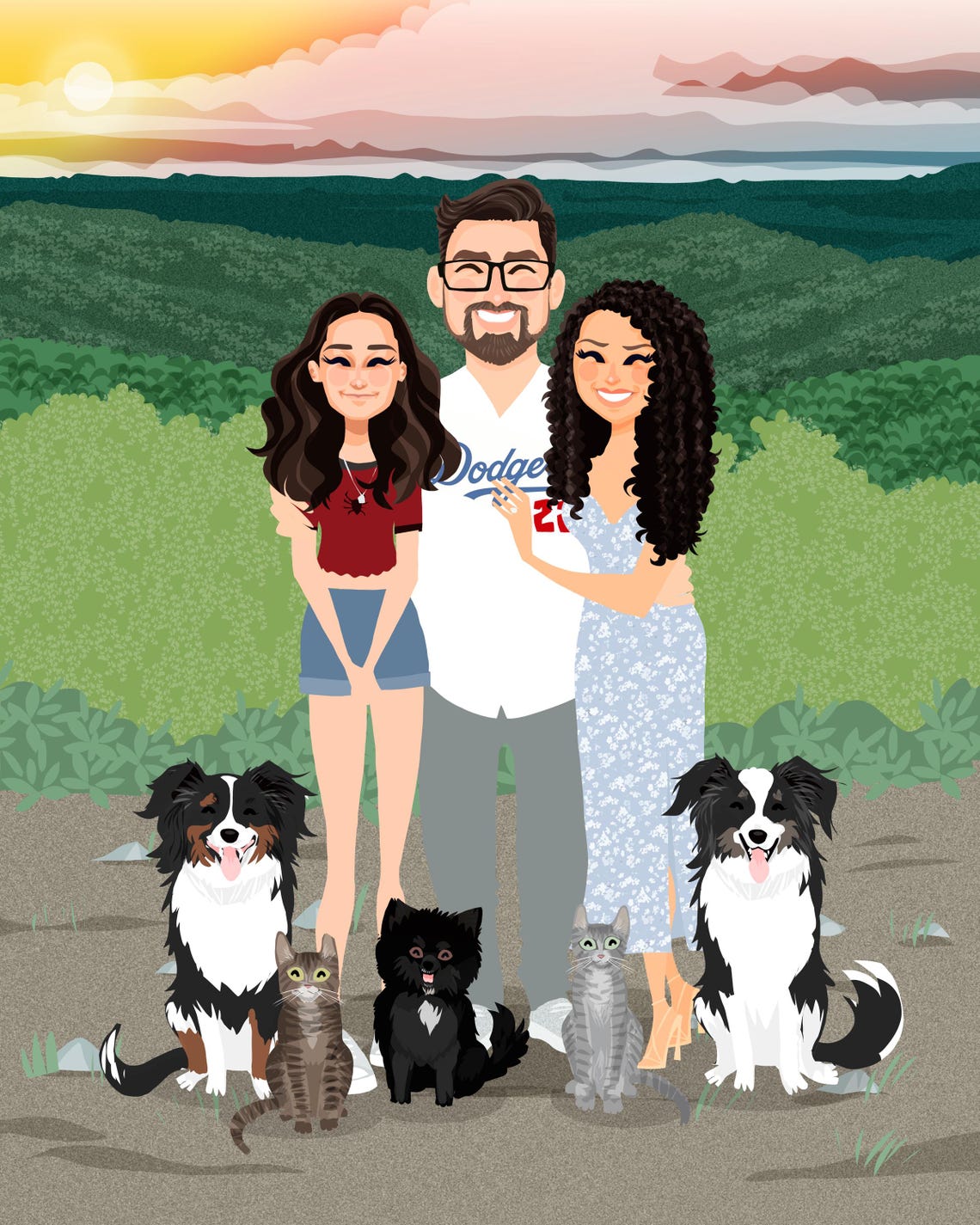 Custom Illustrated Family Portrait With Five Pets and Sunset View Poster - Image 6