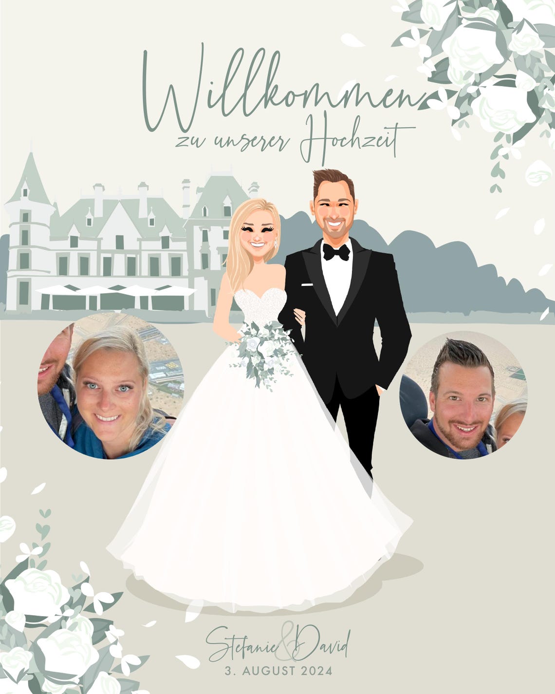 Custom German Wedding Welcome Sign Couple Portrait With Chateau Poster - Image 5