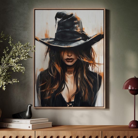 Mysterious Woman Portrait Art Black Hat Fashion Canvas Print For Modern Bedroom Or Living Room Decor