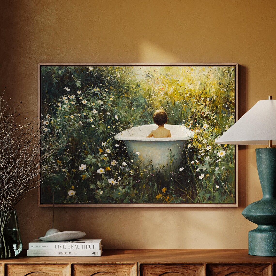 Boy Bathtub Garden Daisies Sunlit Whimsical Vintage Nature Art Poster