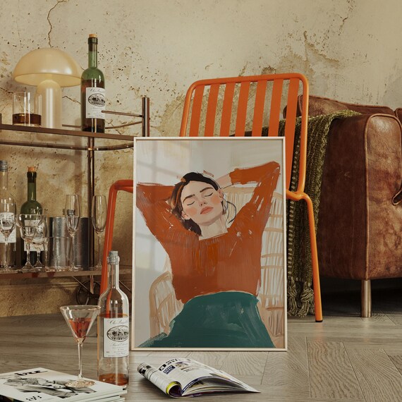 Relaxed Woman Portrait Painting Modern Figurative Canvas Wall Art