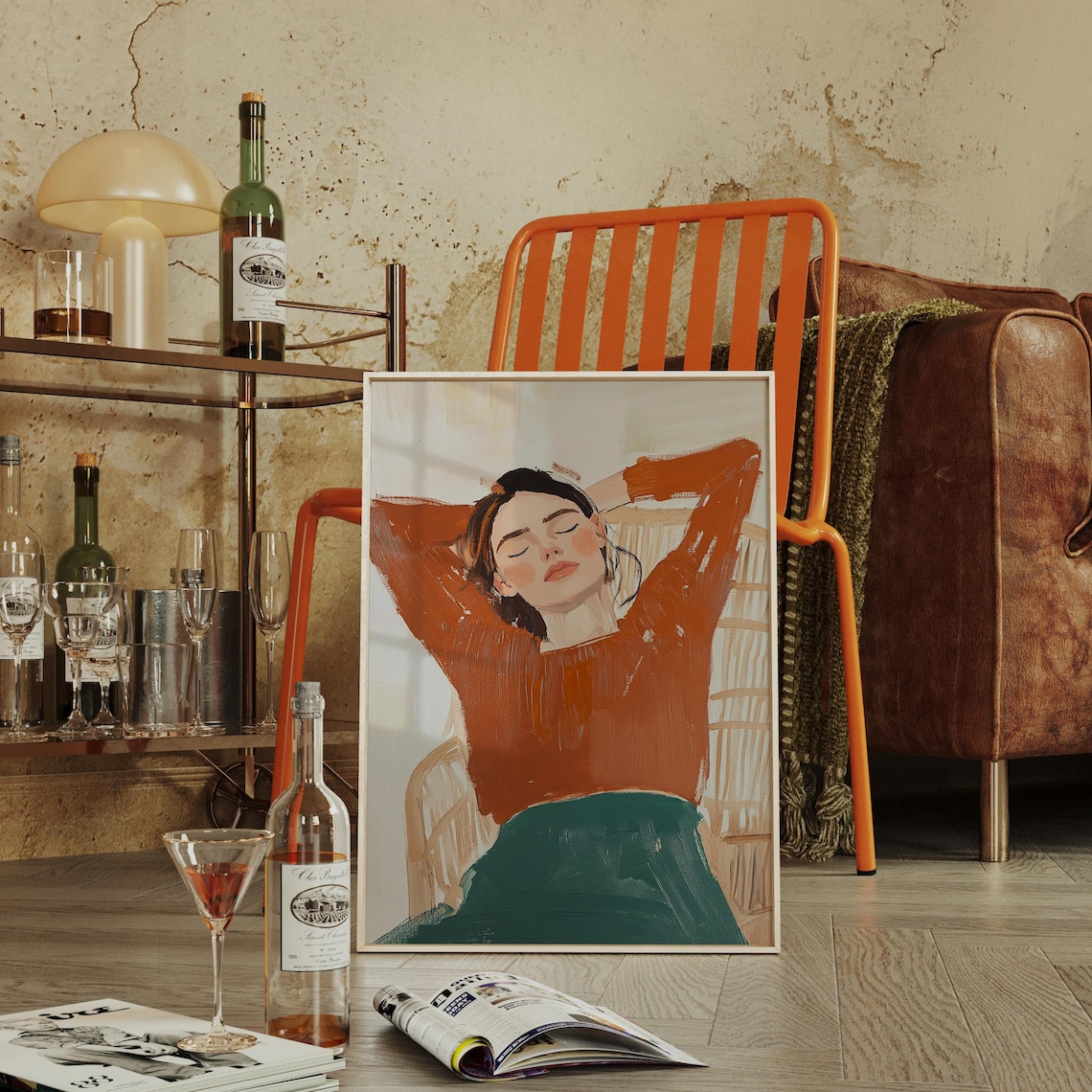 Relaxed Woman in Burnt Orange Modern Figurative Portrait Wall Art