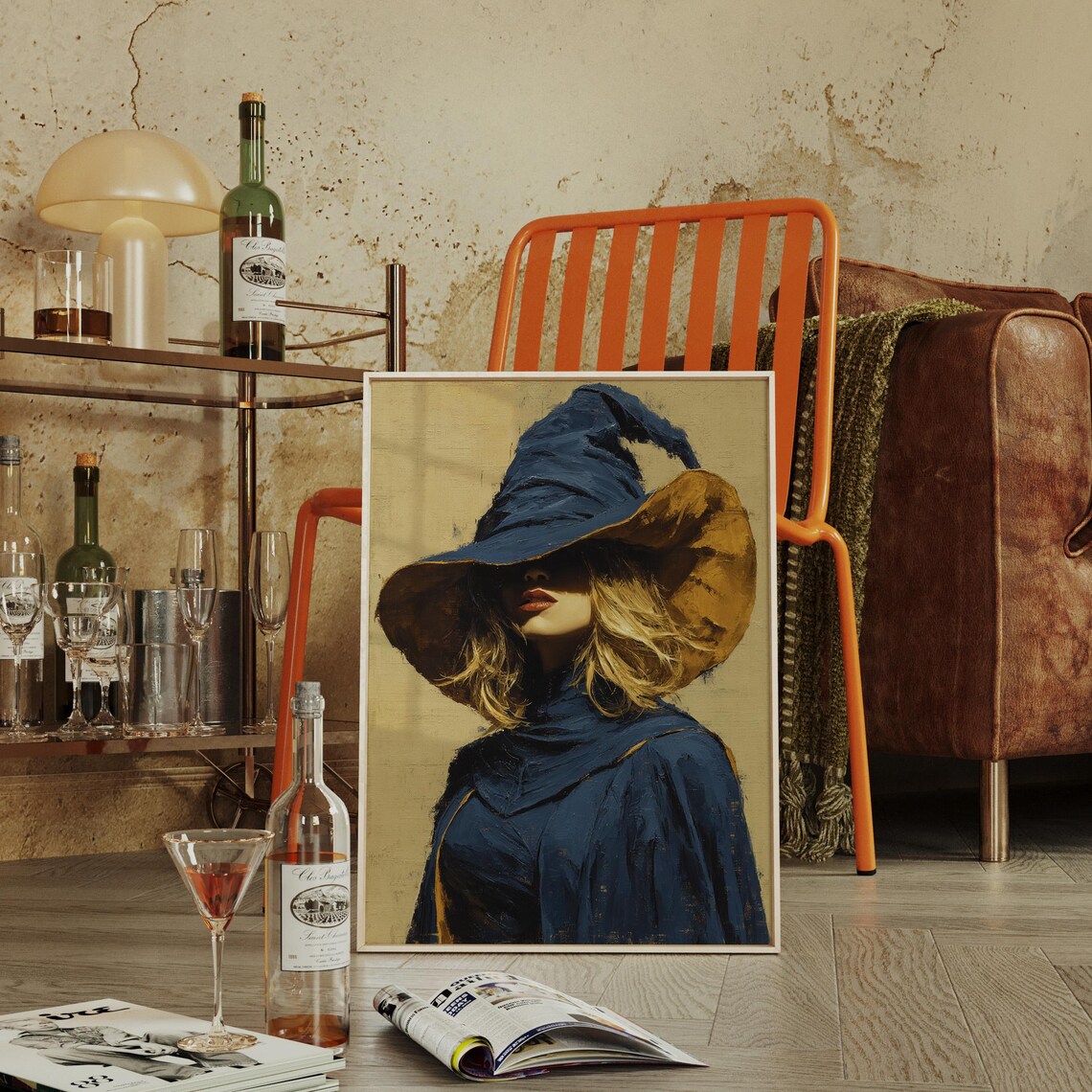 Blonde Witch in Navy Pointed Hat Moody Fantasy Oil Painting Poster