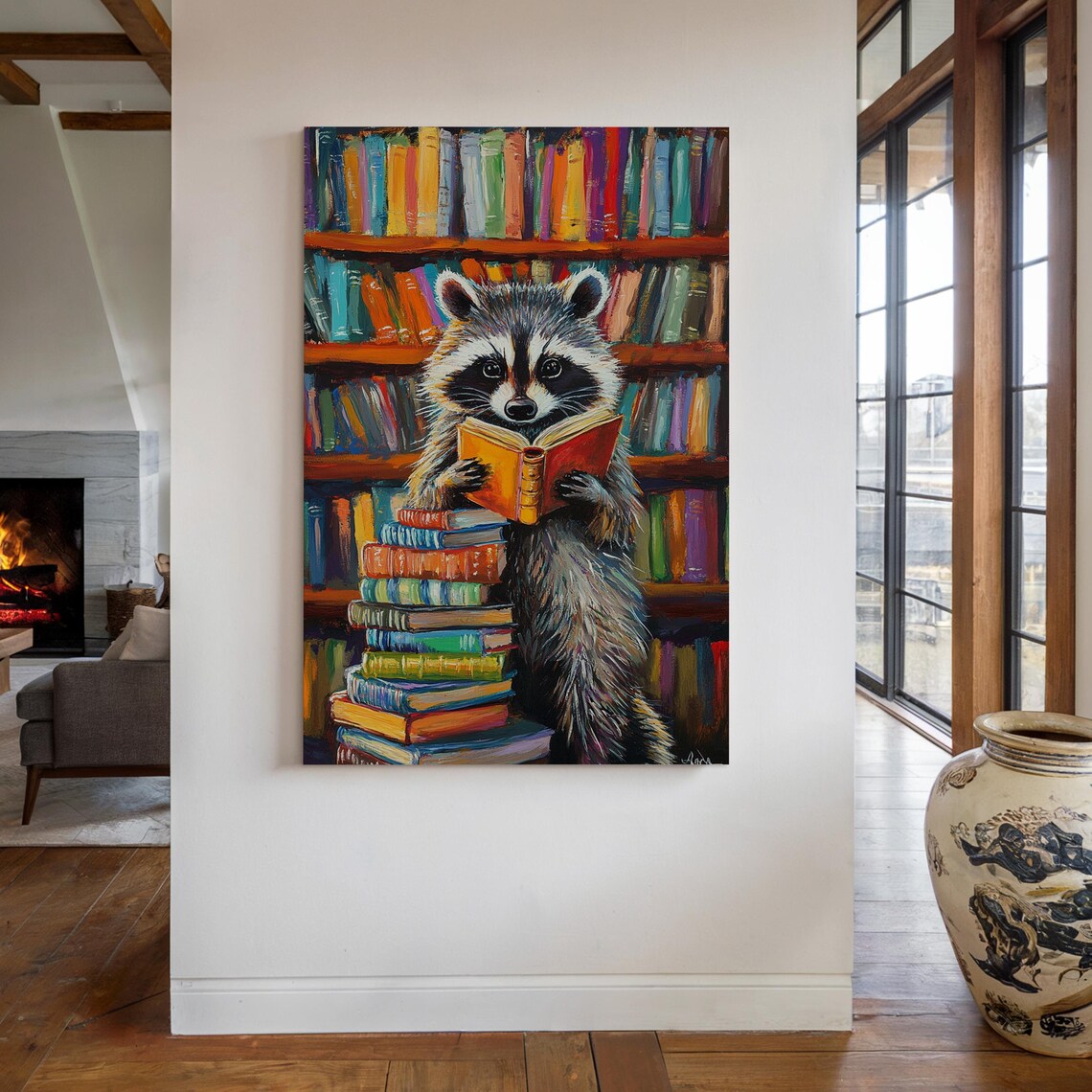 Whimsical Reading Raccoon Library Art Print - Image 7