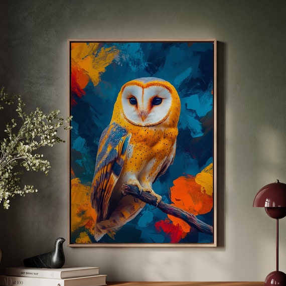 Vibrant Barn Owl Art On Bold Abstract Background Colorful Owl Wall Decor Nature Inspired Print For Wildlife Lovers