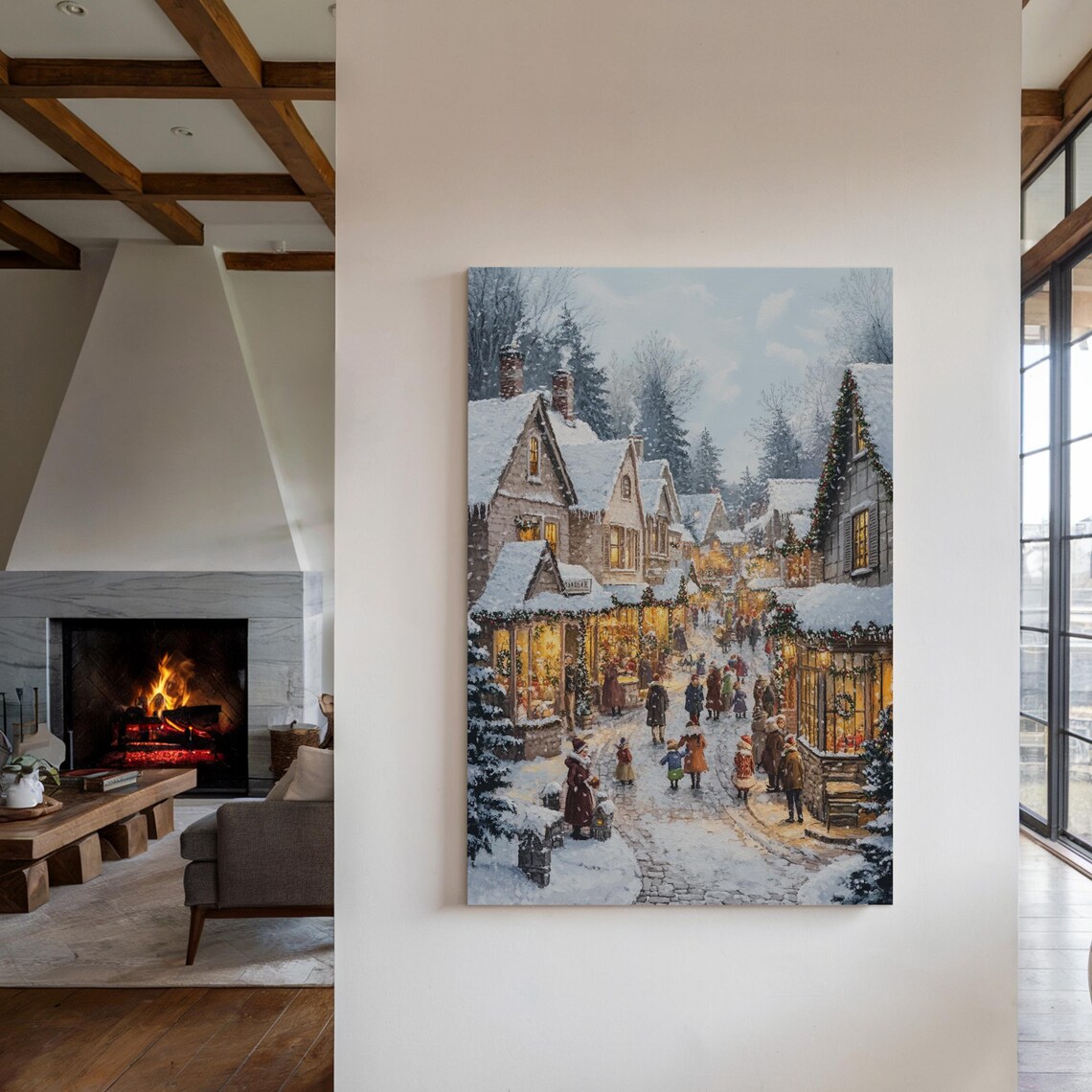 Charming Old Town Christmas Market Street in Winter Snow Art Poster