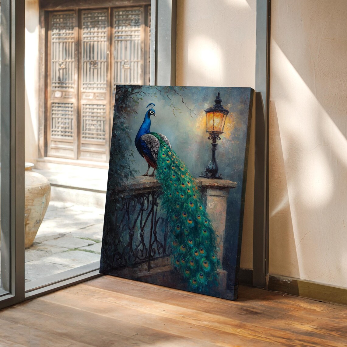 Peacock By Vintage Street Lamp Dusk Old World Painting Poster