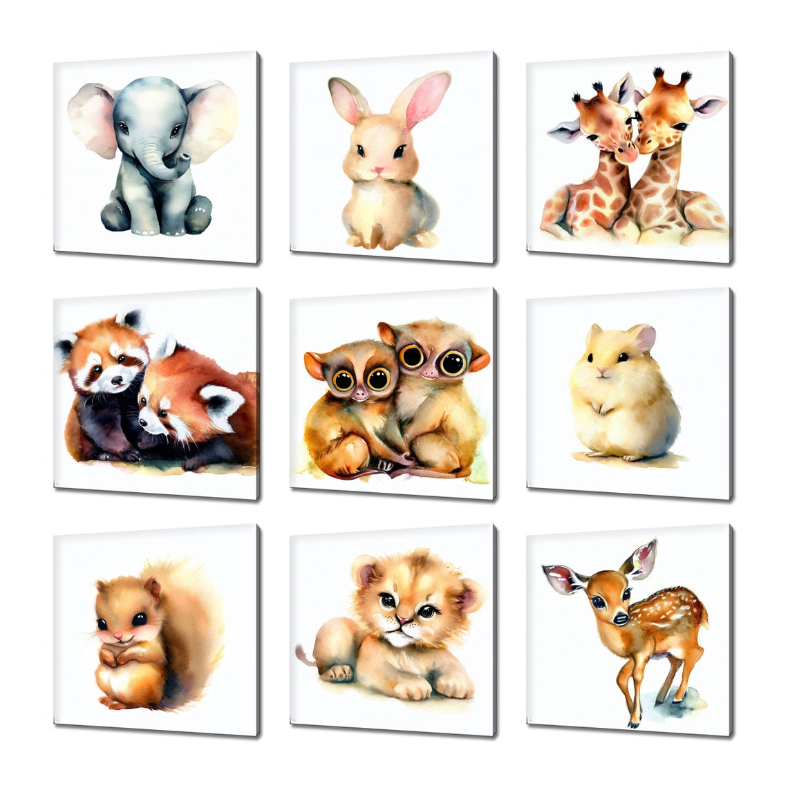 Cute Baby Animals Nine Panel Elephant Bunny Lion Cub Nursery Print