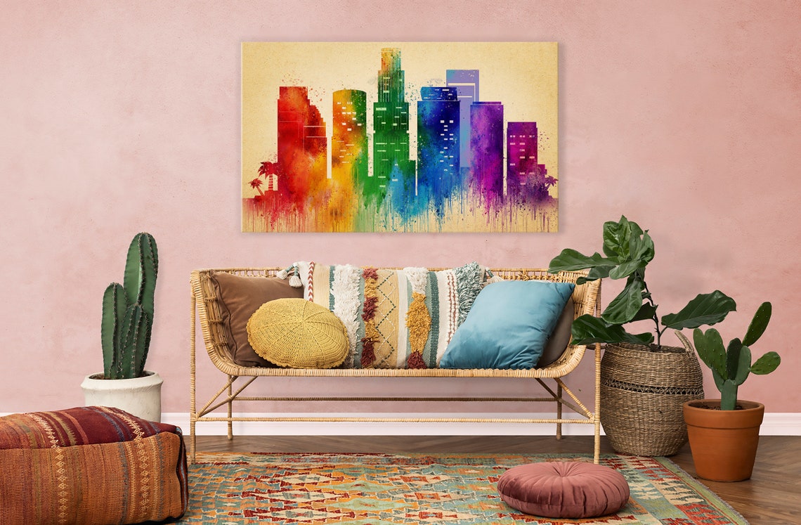 Los Angeles California Rainbow Skyline Watercolor Downtown Poster - Image 2