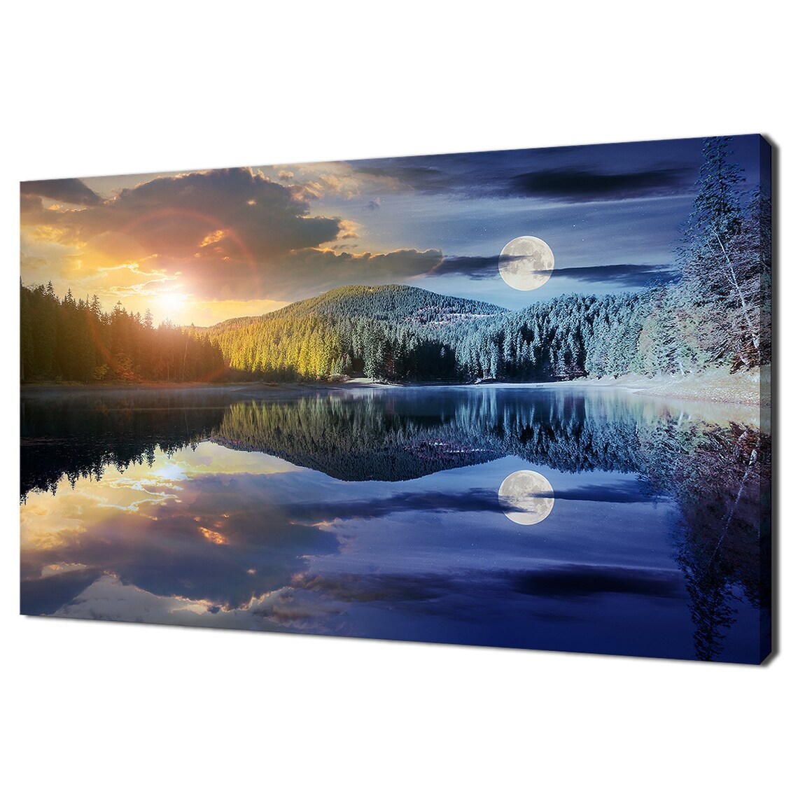 Day And Night Lake Mountains Moonlight Forest Art Print