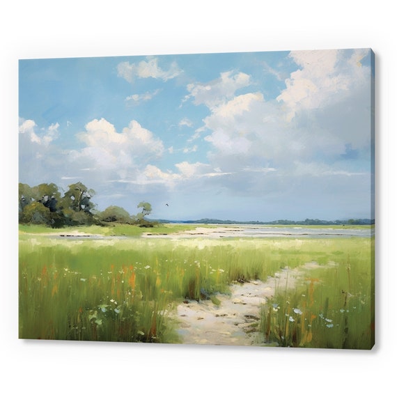 Blue Sky Over Spring Fields Vintage Country Landscape Painting Style Print Farmhouse Decor Art Neutral Nature Picture Wall Hanging