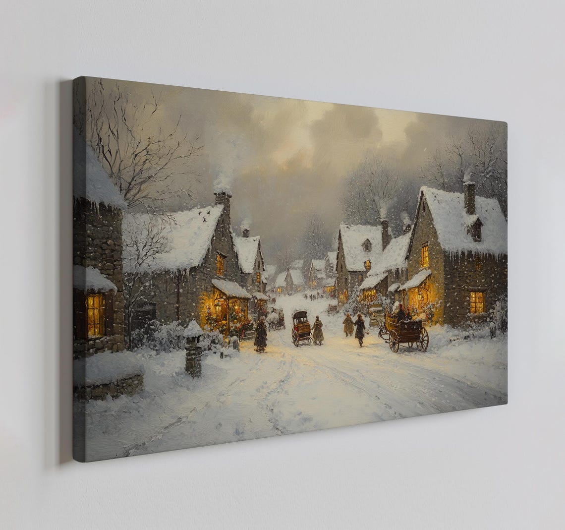 Christmas In The Snowy Village Vintage Painting Style Print Farmhouse Decor Art Nature Picture Wall Hanging Fine Art Print