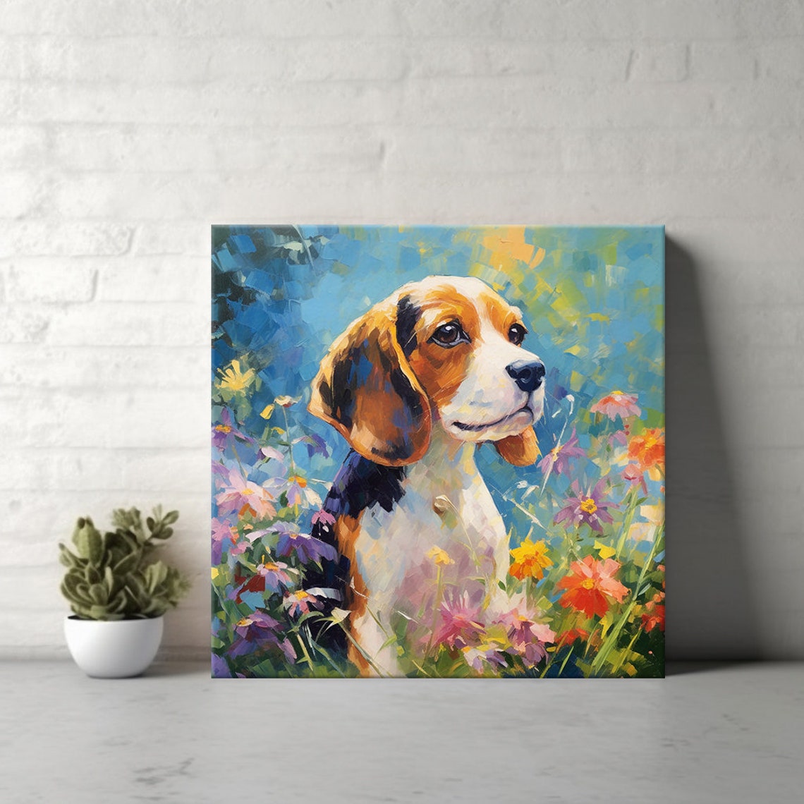 Beagle Puppy Portrait In Wildflower Field Colourful Painterly Poster - Image 3
