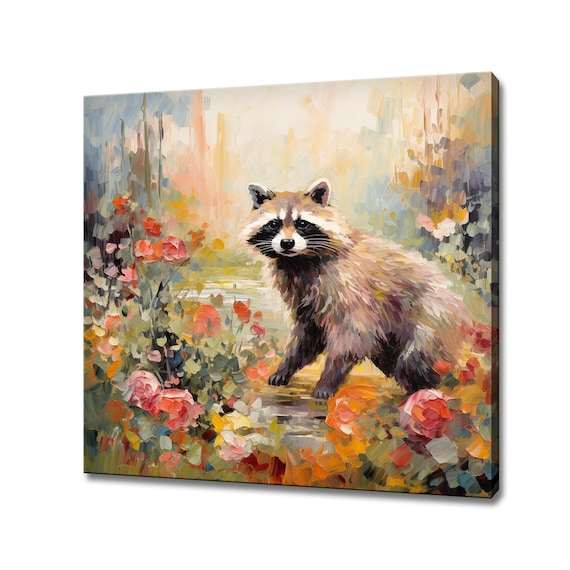 Cute Raccoon Among Colourful Flowers Painted Wildlife Wall Poster