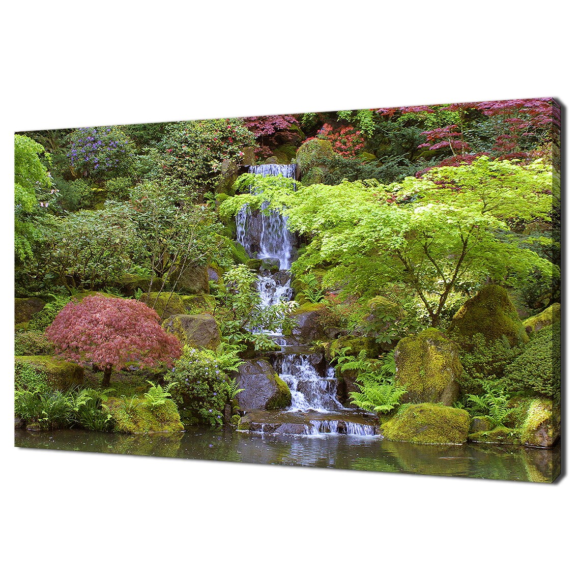 Green Japanese Garden Waterfall, Modern Art Print