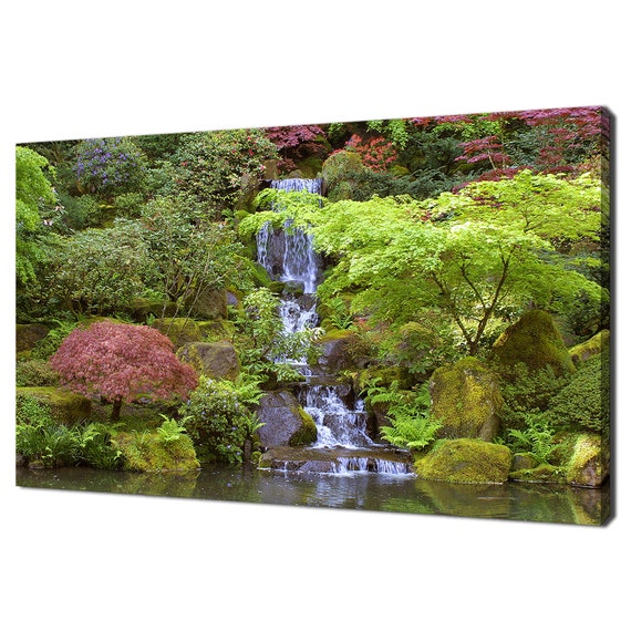 Green Japanese Garden Waterfall, Modern Art Print