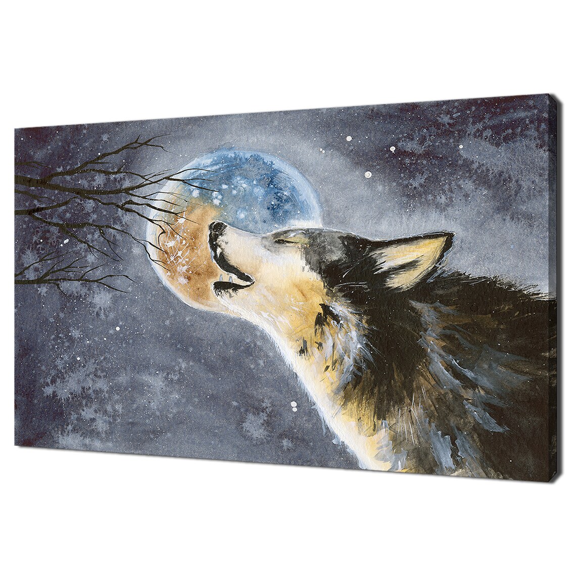 Watercolor Wolf Howling At Full Moon Starry Night Sky Animal Print