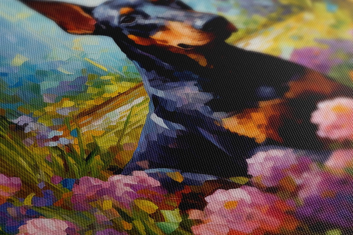 Doberman Dog In Flowers Field Animal Print Gift For Doberman Dog Lover Colourful Dog Portrait Painting Print Dog Pet Wall Art - Image 4