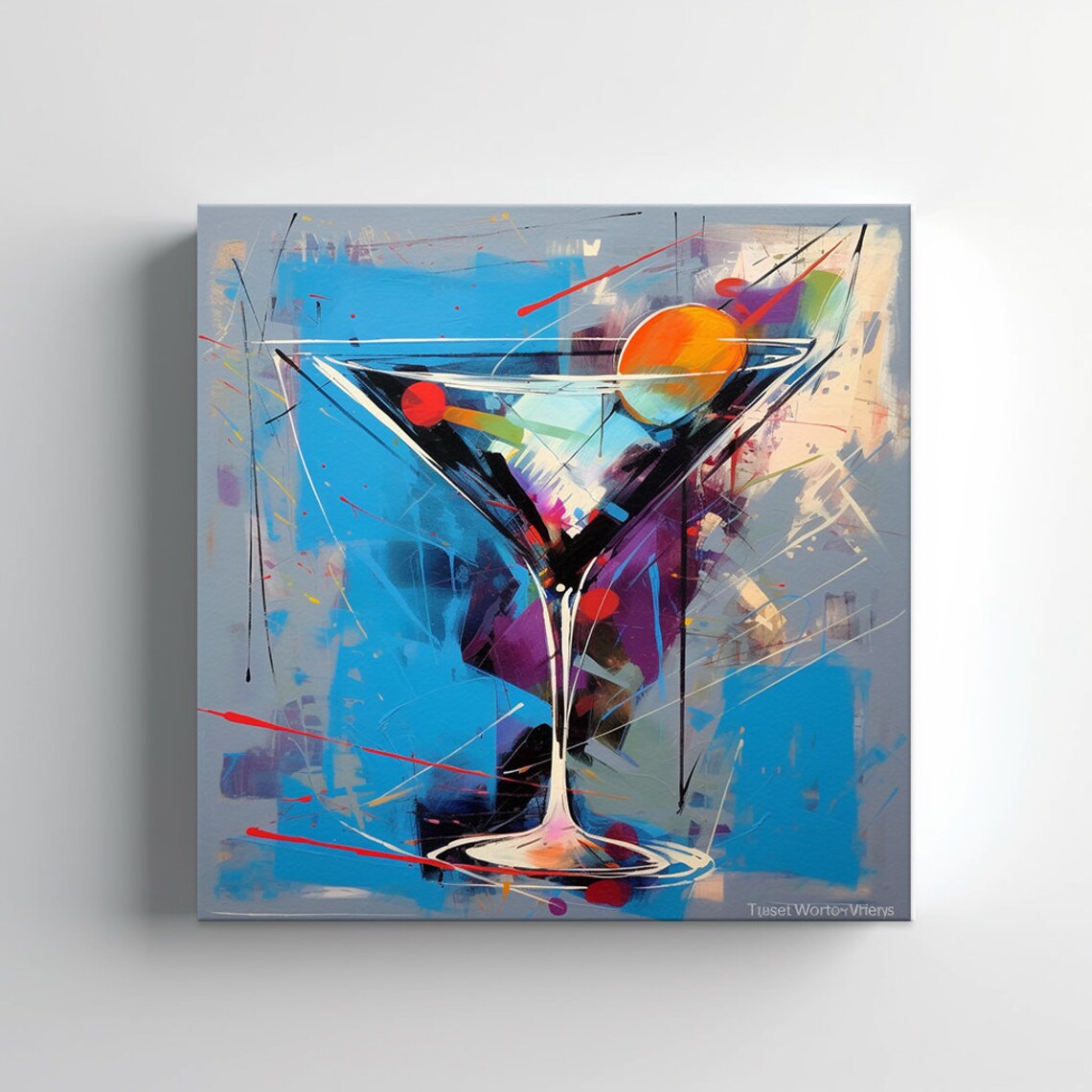 Abstract Martini Glass Olive Blue Red Modern Bar Art Painting Poster - Image 3