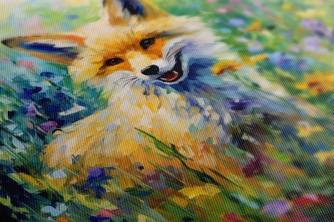 Happy Fox Wildflower Meadow Colourful Impressionist Animal Art Print - Image 4