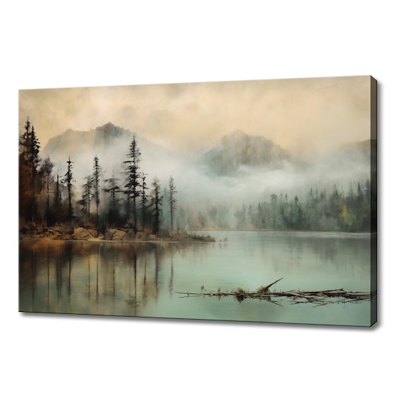 Calm Lake Pine Forest Trees Vintage Landscape Painting Style Print Farmhouse Decor Art Nature Picture Wall Hanging Fine Art Print