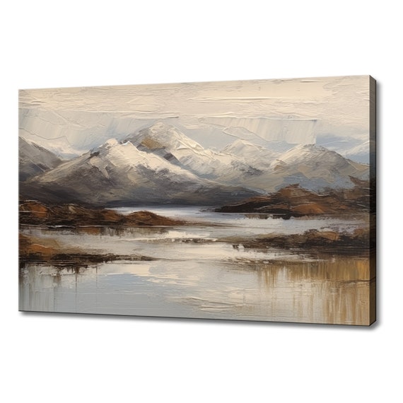 Snowy Winter Mountains Vintage Landscape Painting Style Print Farmhouse Decor Art Picture Wall Hanging Fine Art Print