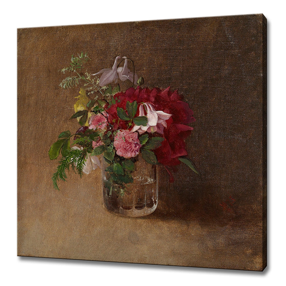 Bouquet Of Flowers In A Glass Vase 1873 Vintage Still Life Flowers Oil Painting Print Farmhouse Decor Antique Floral Oil Painting