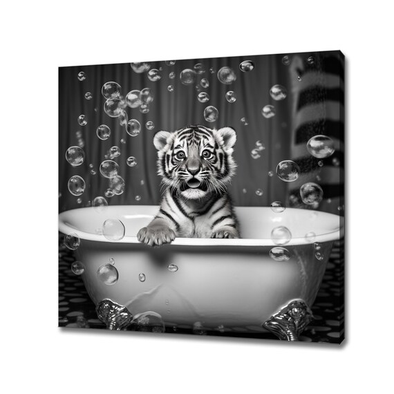 Playful Tiger Cub In A Bubble Bath Black And White Nursery Wall Art